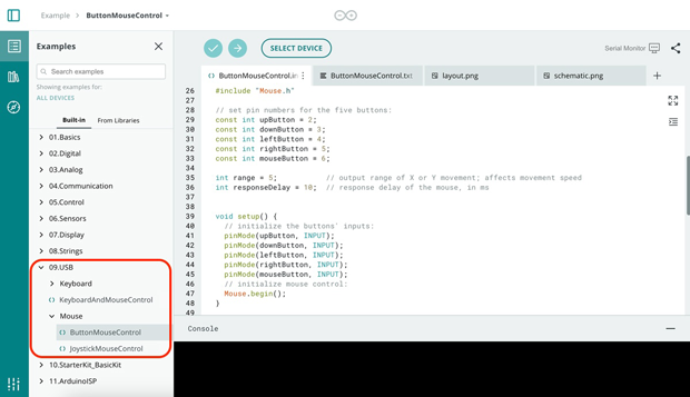 左のナビ「Examples」から、09.USB > Mouse > ButtonMouseControlを選択。