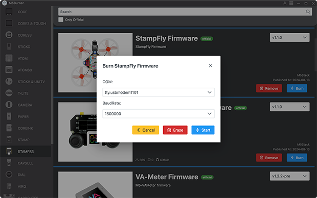 「Stamp Fly Firmware」の「Burn」をクリックした画面。