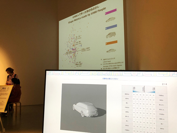 感性の可視化実験。PC上でものに対してどう感じるかを評価し、感性のものさしを作る実験。いままで参加した人の実験結果が壁面に投影される。