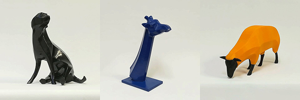 左から『sitting dog』H20cm W15cm D15cm、『giraffe(head)』H29cm W11cm D22cm 、『sheep』H18cm W32cm D10cm