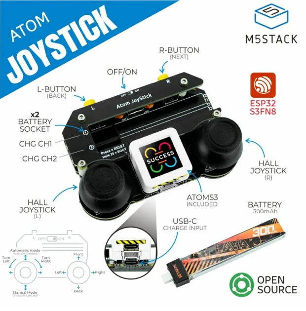 コントローラーがそのままドローンバッテリーの充電器になるM5ATOM Joystick。操作も通常のコントローラーと同じ、左右2本のジョイスティックになった。